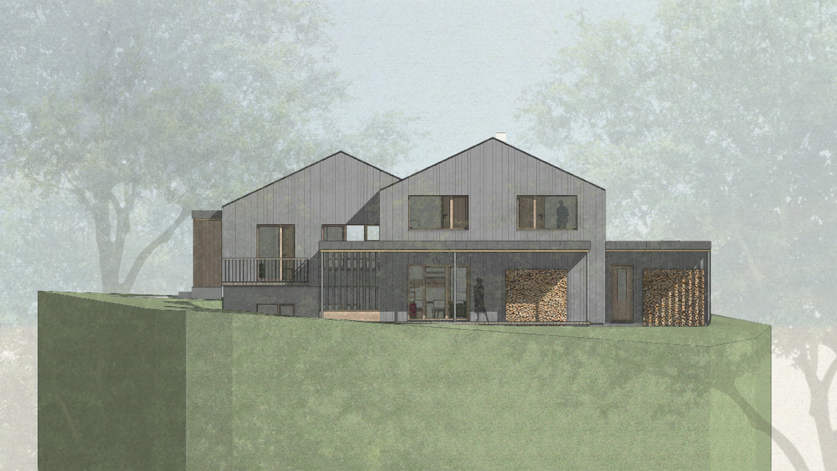 02_Splitlevel_Holzhaus_Vertikale_Holzfassade_Grau_Konstruktiver_Sonnenschutz_Verschattung_